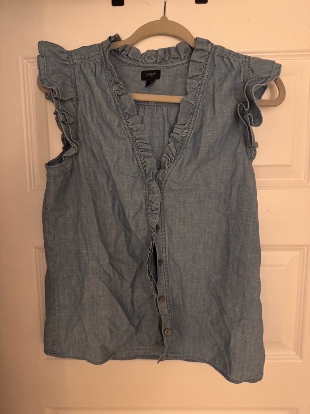 J. Crew Light Blue Ruffle Chambray Sleeveless Blouse